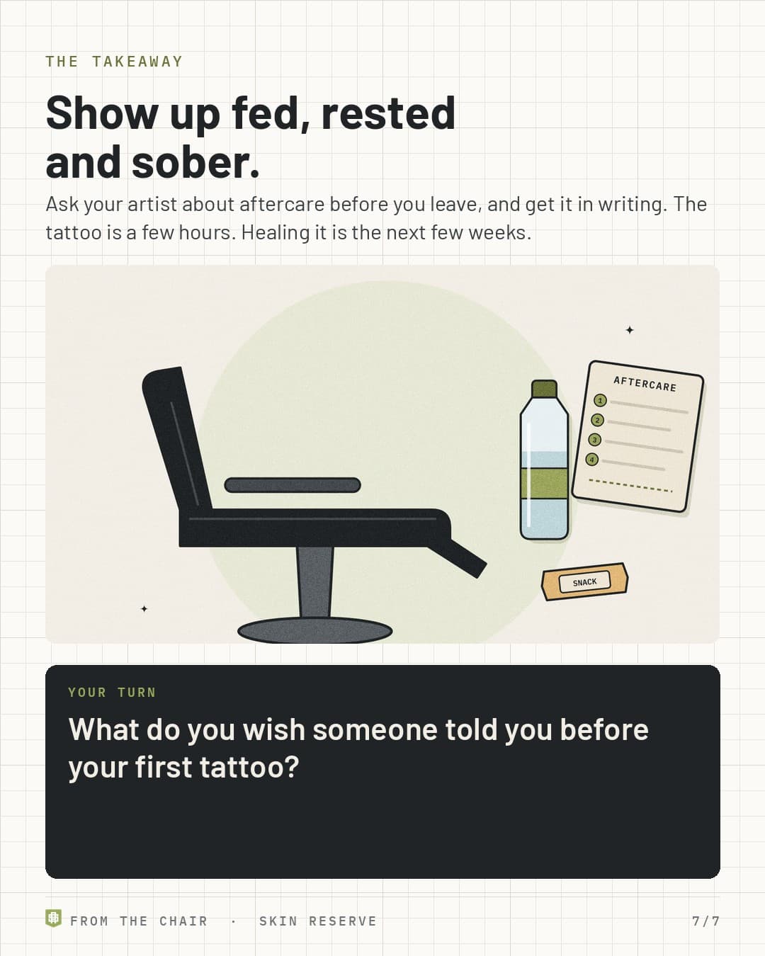 Takeaway: show up fed, rested and sober, with a tattoo chair, a water bottle, a snack and an aftercare card