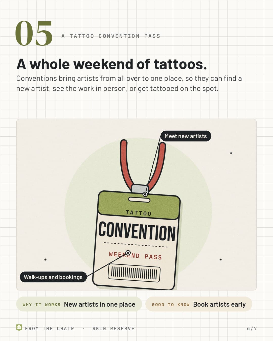 Tattoo convention pass: a weekend pass badge on a red lanyard