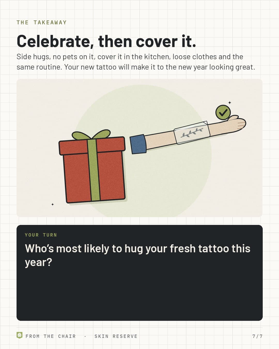 Takeaway: celebrate, then cover it, with a gift next to a covered tattoo