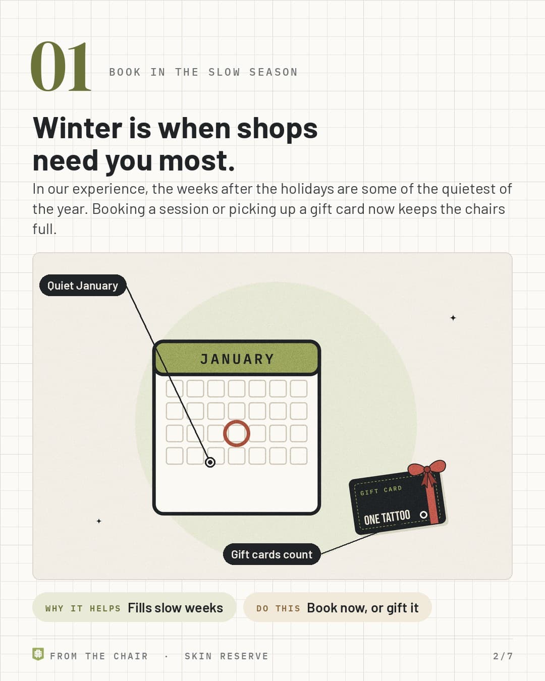 Book in the slow season: a January calendar with a date circled next to a gift card
