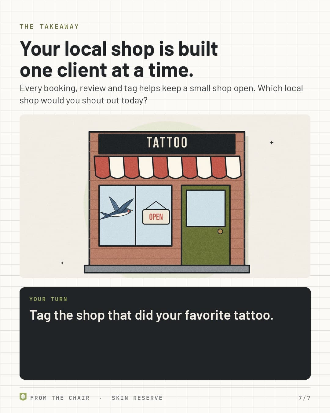 Takeaway: your local shop is built one client at a time, with a small tattoo shop storefront and an open sign